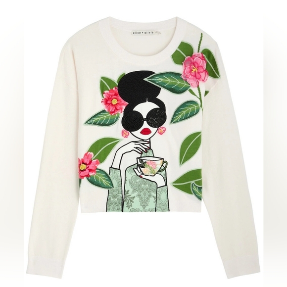 Big Sale! Alice + Olivia Gleeson Embroidered Stretch-cotton Jumper Sweater - Picture 5 of 10